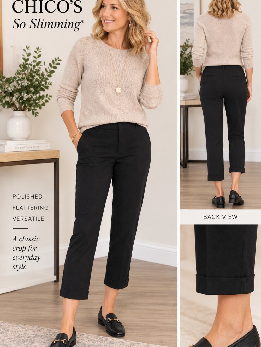 Chico's So Slimming Black Crop Cuffed Pants Women's Size 1- 8 Cotton Blend